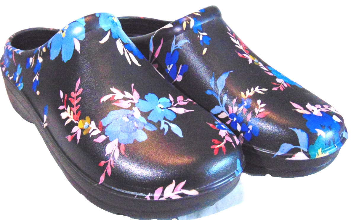 Totes Black Blue Bailey Everywear Floral Lightweight Gardening Clogs Shoe~8