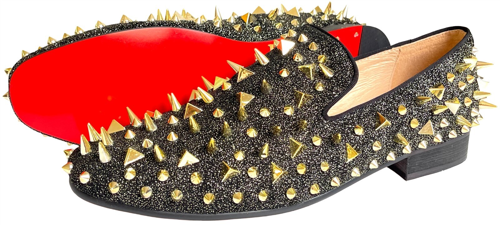 Men’s Gold Spikes Loafers Black Dress Shoes Slip-on Leather Slippers Prom Flats