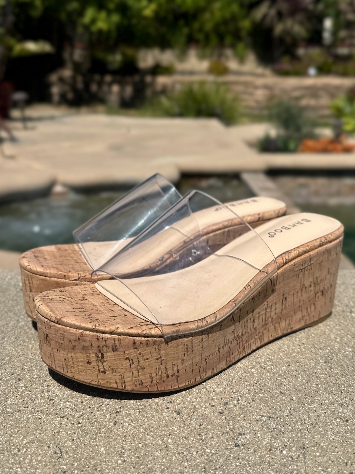 NEW Transparent Clear Open Toe Cork Platform Med Wedge Heel Slide Sandals Mules