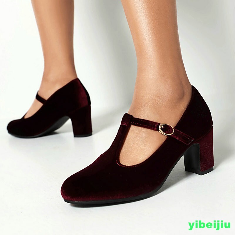 Women’s Mary Jane Work Shoes Mid Block Heel Velvet T Strap Dress Shoes Plus Size
