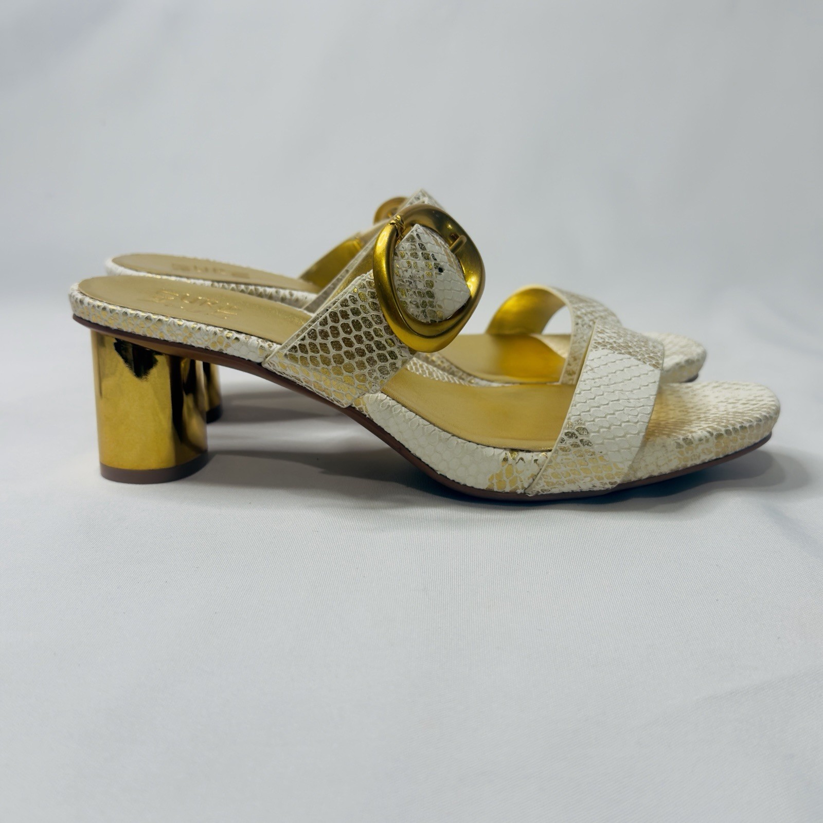 Naturalizer Ida Sandals White Gold Snake Print Metallic Block Heel 9.5W