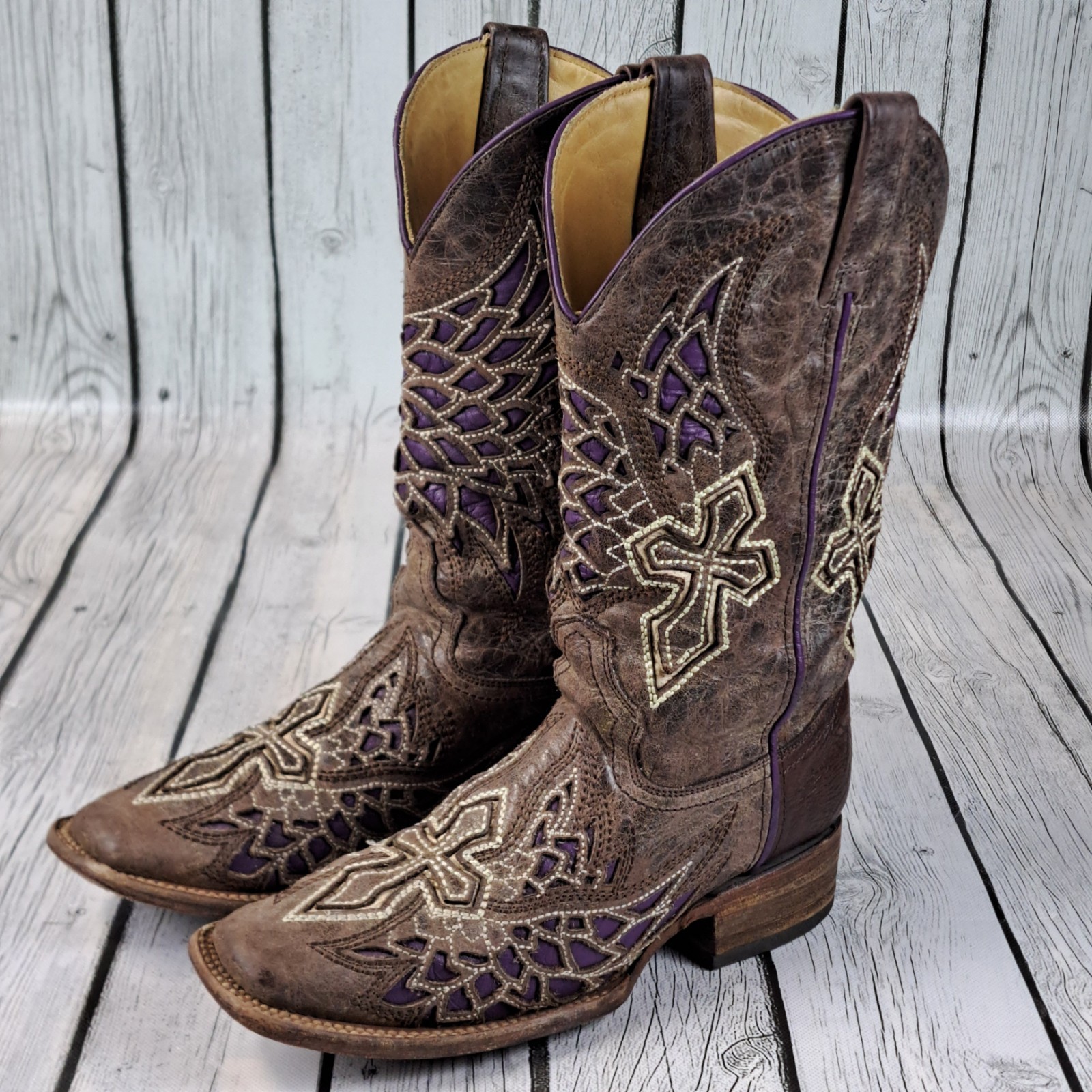Corral Vintage Cowboy Boots Womens 7 M Brown Purple Angel Wings Cross Leather