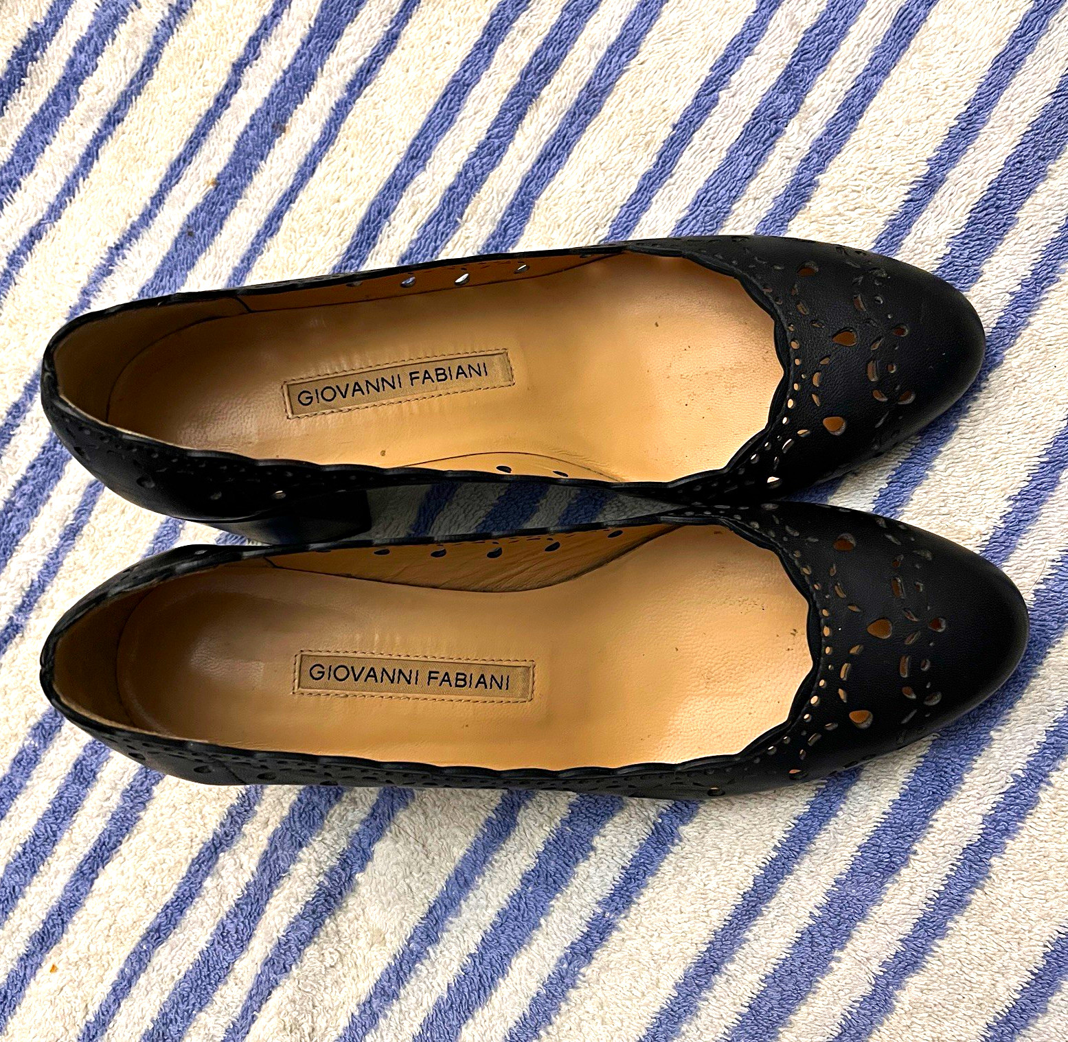 Giovanni Fabiani Black Perforated Leather Block Heel Round Toe Pumps Women 36