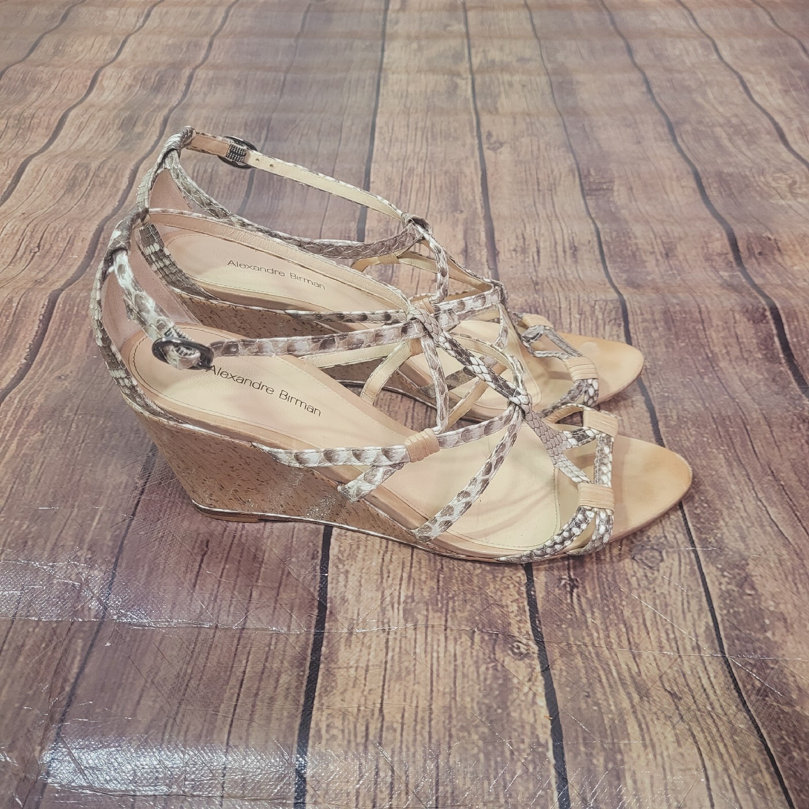 Alexandre Birman Womens Heels Beige 10 Strappy Wedge Snakeskin 3.25″ Heel Buckle
