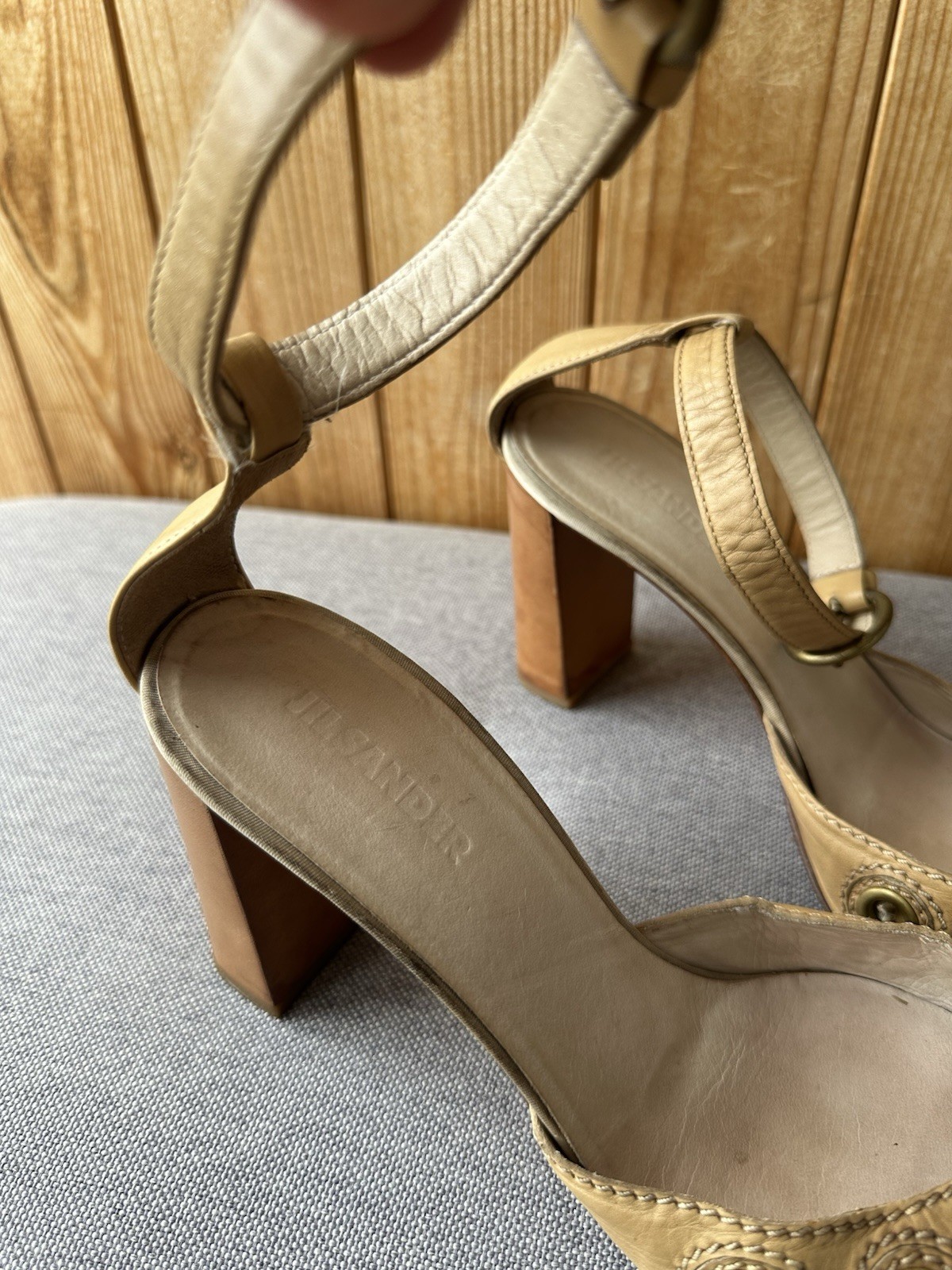 Jil Sander Vintage Beige Leather Pumps Block Heel Eyelet Y2K 90’s EU37.5 US7.5