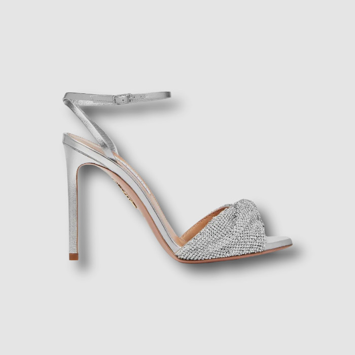 $995 Aquazzura Women Silver Crystal Twist Ankle Strap Sandal Shoe EU 38.5/US 8.5