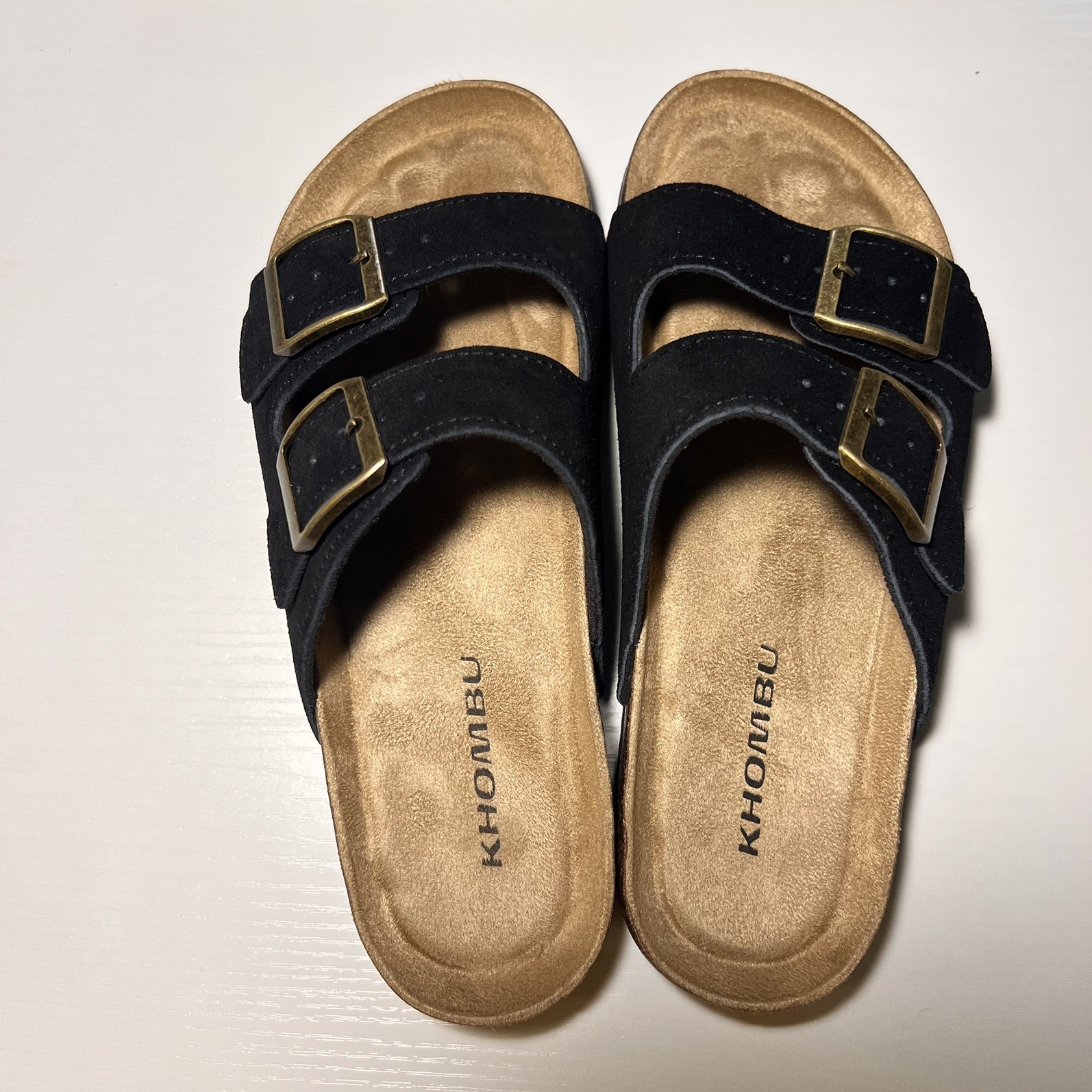 Khombu Slide Sandals Women’s 6 Black Suede Double Buckle Cork Insole 1252-378