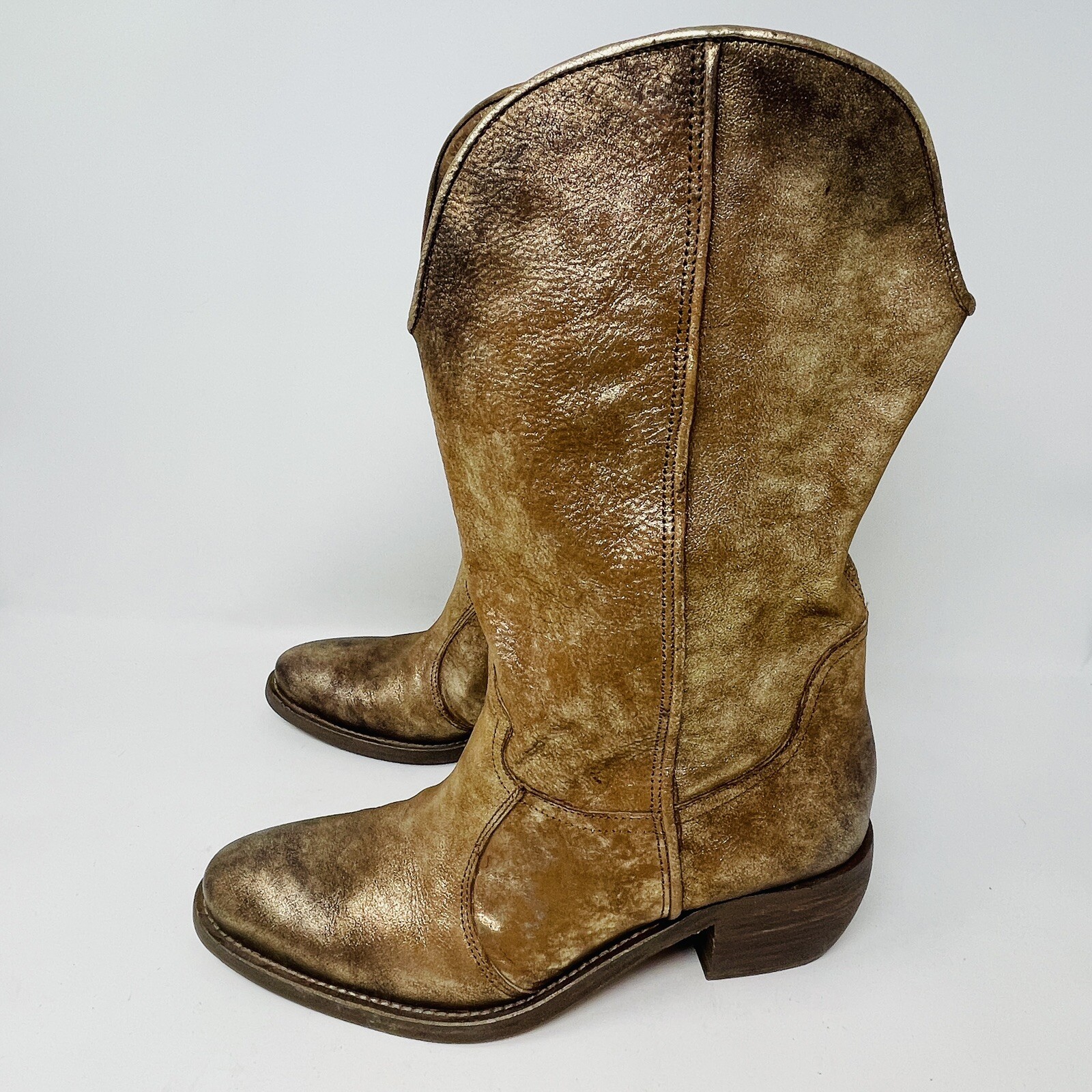 Arnold Churgin Women Boots 40 Gold Leather Metallic Handmade Canada Western RARE