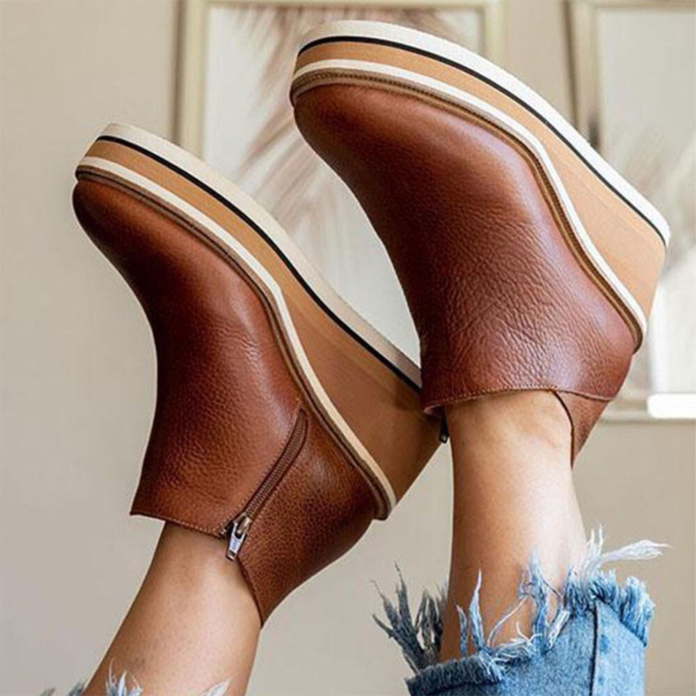 Women’s Ladies PU Leather High Mid Heel Wedge Work Ankle Boots Size UK2.5-8.5