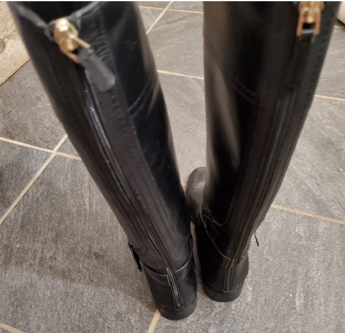 Tory Burch Black Leather Knee High Riding Boots Logo Buckle Zipper Side Zip