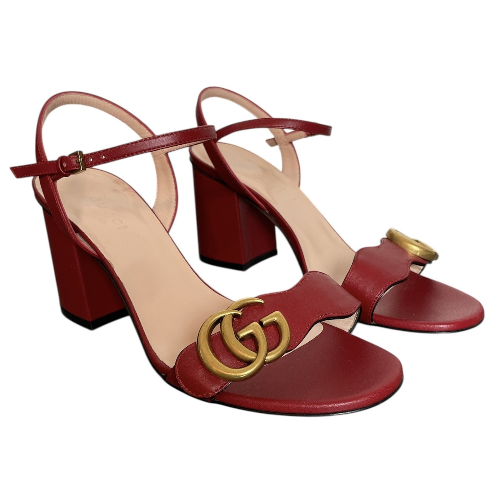 GUCCI Marmont Block Heel GG Logo Sandals Sz 35.5 Red Gold Lifford Galassia 75mm