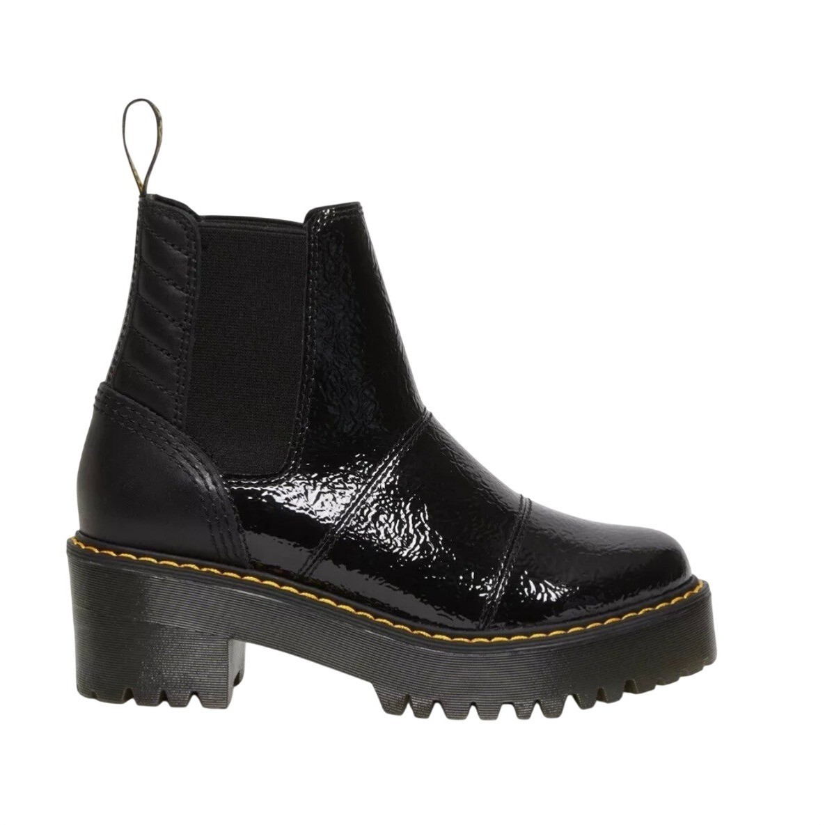 Dr. Martens Rozalie Distressed Patent Heeled Chunky Chelsea Boots Black 9
