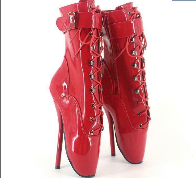 Women’s Ballet High Heels Lace Up Stilettos Patent Leather Boot 18cm Heel Shoes