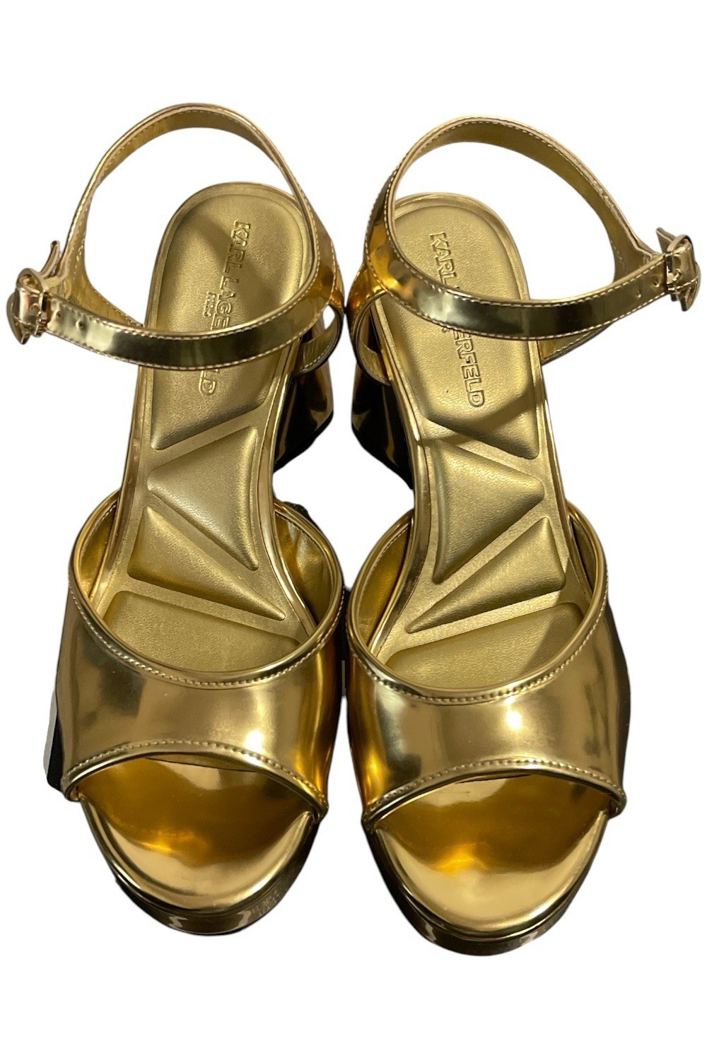 Karl Lagerfeld Gold Strappy Open Toe Ankle Strap Buckle Block Heel US 7.5