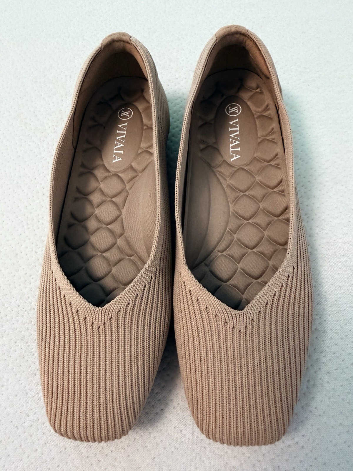 Vivaia Margot Square Toe Comfort Flats Women US 5 Camel Tan V Cut Ribbed Pull On