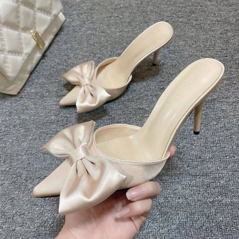 Womens High Heels Leopard Big Bowknot Pointy Toe Slipper Slip On Party Shoes New