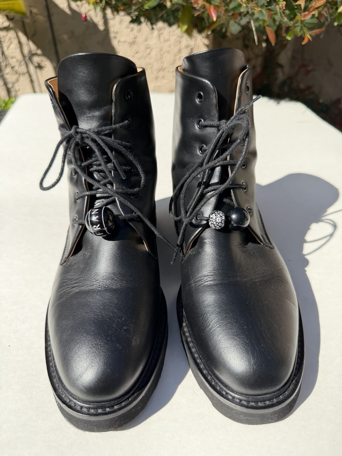 Dear Frances Park Black Smooth Leather Lace up bead Combat Boots Size 36 USA 6
