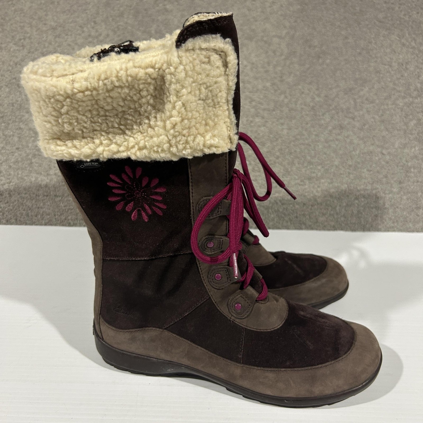 Clarks Arlina Sky Boots Womens AU 6 EU 37 Brown Suede Fur Gore Tex Snow Winter