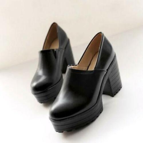 Women’s Casual Platform High Block Heel Round Toe Slip On Pumps Shoes Punk 2026