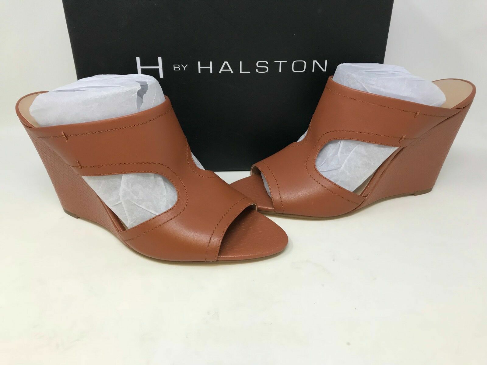 H by Halston Open-Toe Cut-Out Leather Mules – Holly Mocha size 8.5