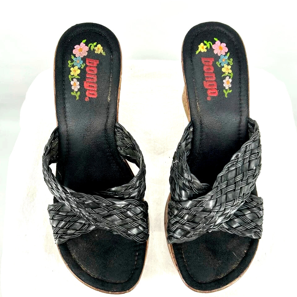 Y2k Bongo Wedge Sandals 7 Braided Black Chunky faux Wood Platform Boho 90’s Vtg