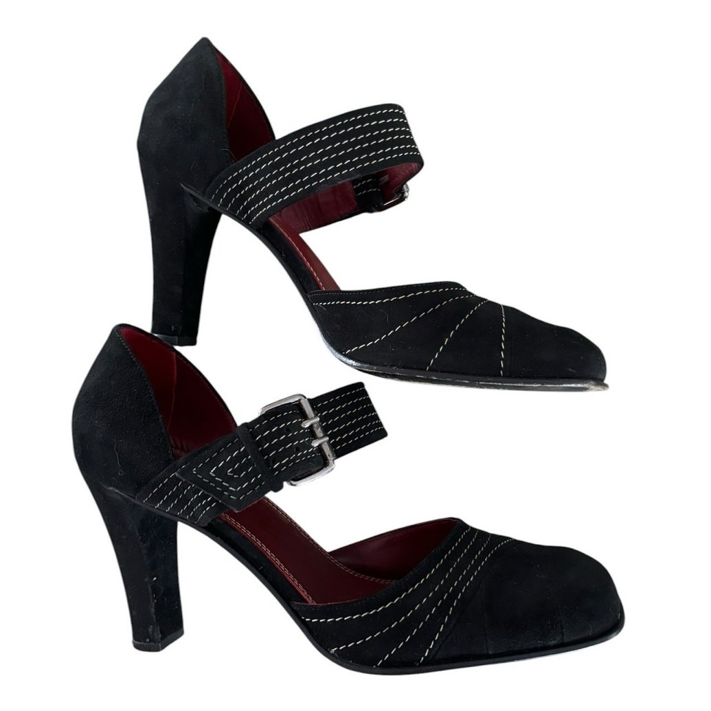 Vintage Michelle K Ankle Strap Heels Size 8.5 Black Suede Whipstitch Dance