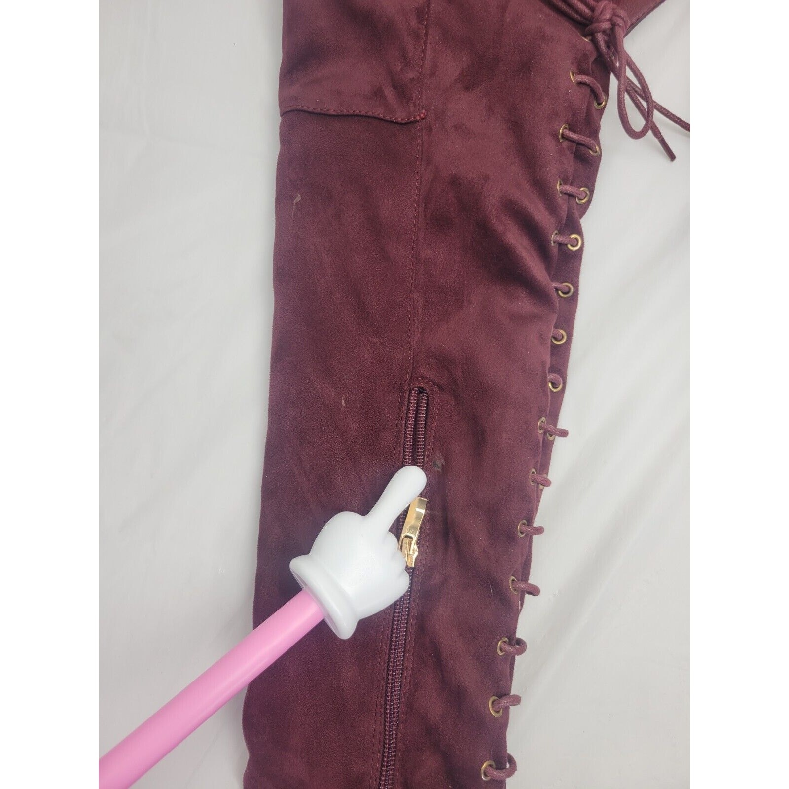 Indulge Size 7 Suede High Heel Over The Knee Boots Lace Up Zip Burgundy Maroon