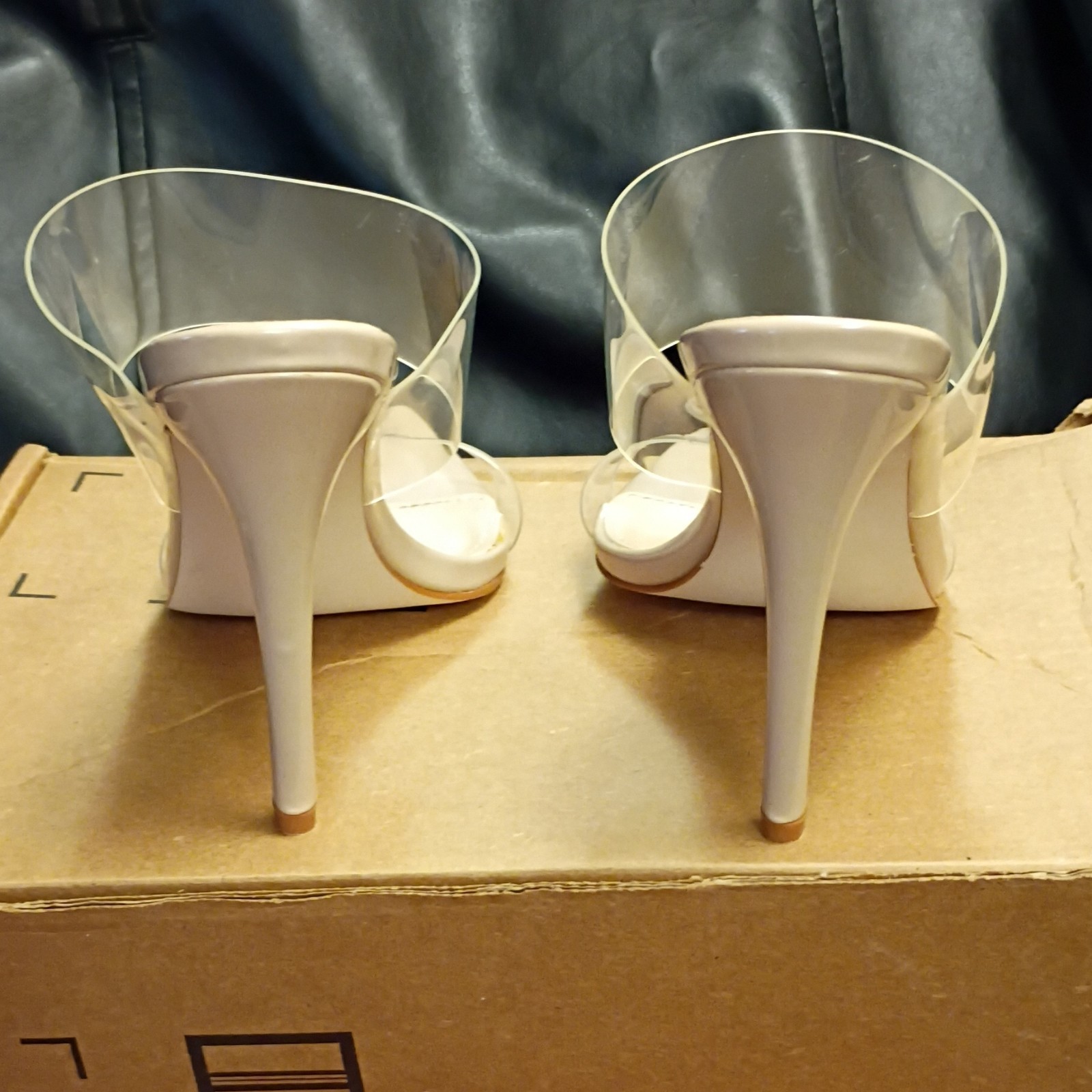 Viviany Beige Clear Transparent Strap Stiletto Mule Pointed Toe Heels Size 9