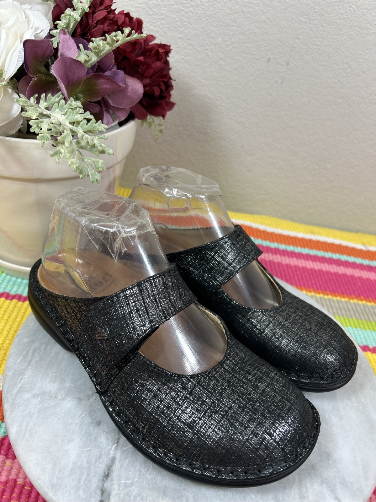 Finn Comfort Women’s Stanford Metallic Black Leather Mule Sandals EU 37 US 6-6.5