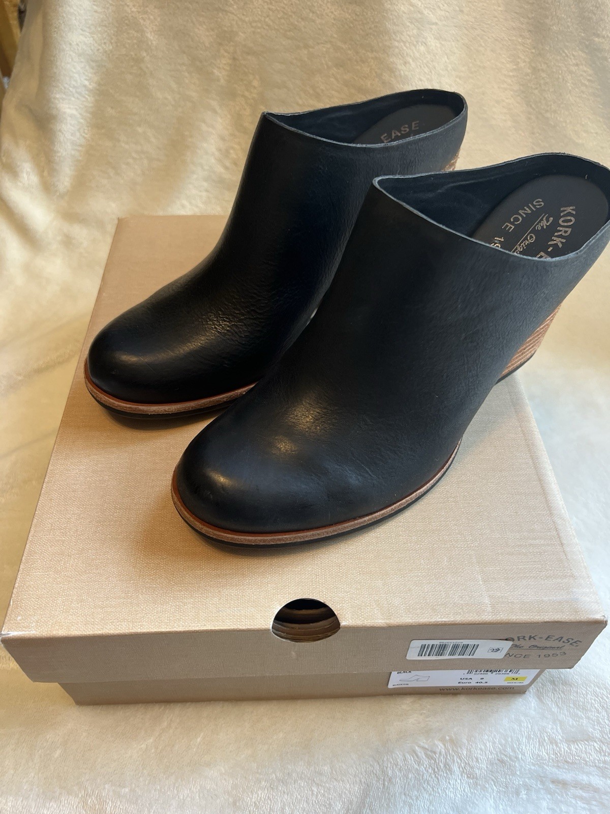 Kork-Ease Challis Mules Black Leather Wedge Heel Women 9M Excellent!