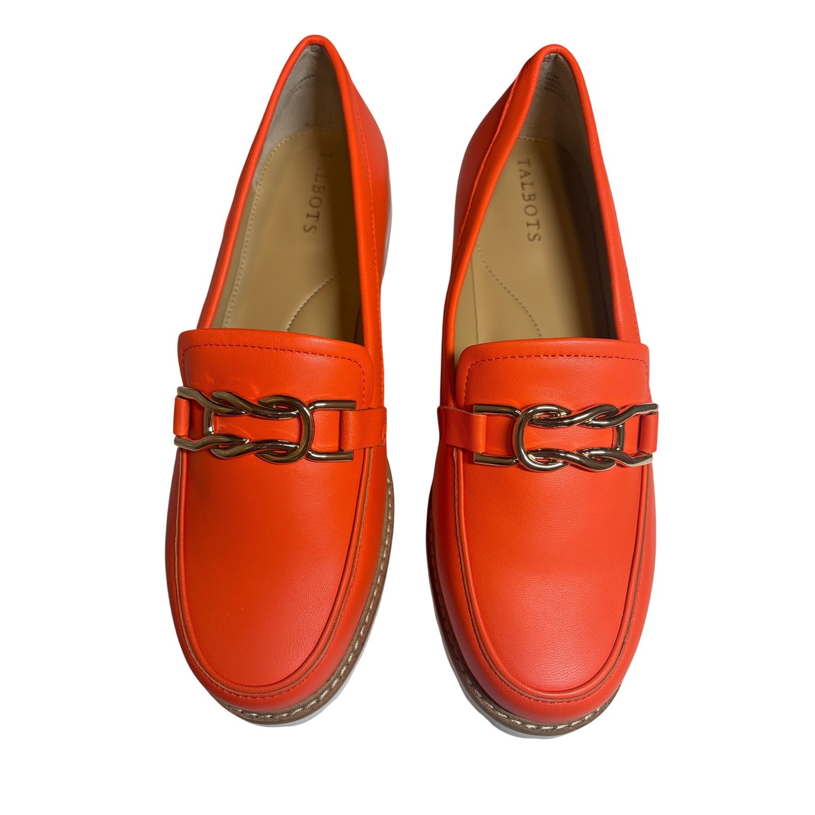 Talbots NWT Laura Link Leather Loafers Bright Tangerine Orange Gold Chain 8.5M
