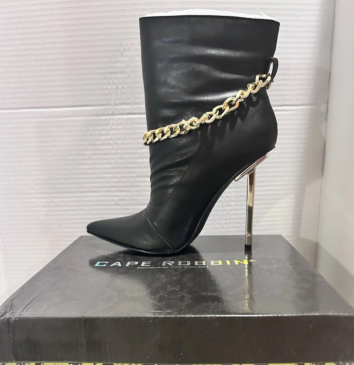 New Black Booty Boots Sz 8 Industrial Designer Gold Chain Metal Stiletto Heel
