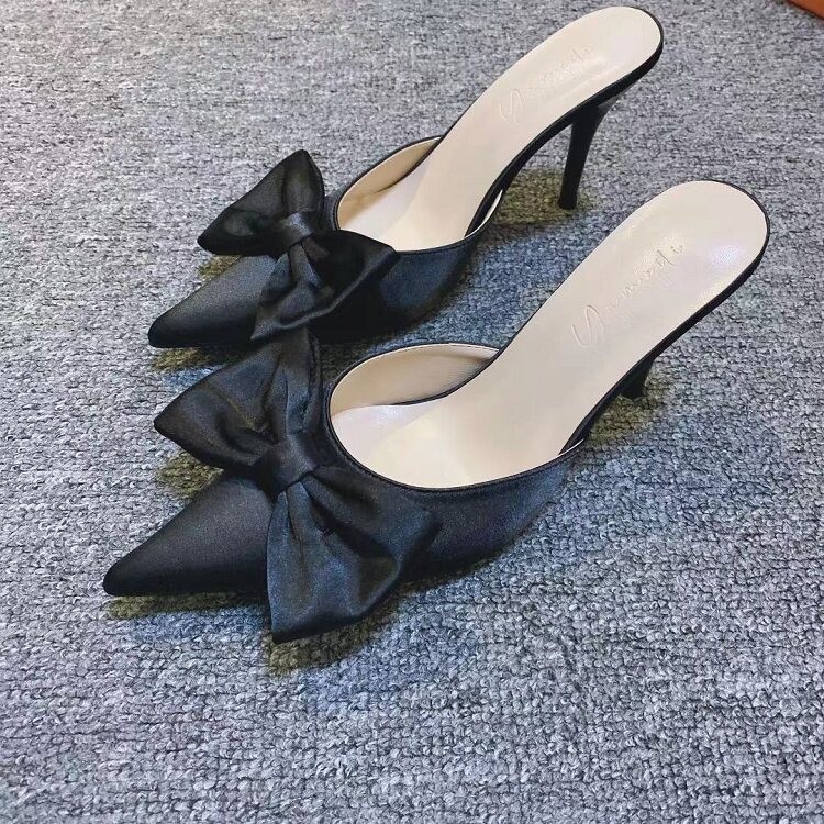 Womens High Heels Leopard Big Bowknot Pointy Toe Slipper Slip On Party Shoes New