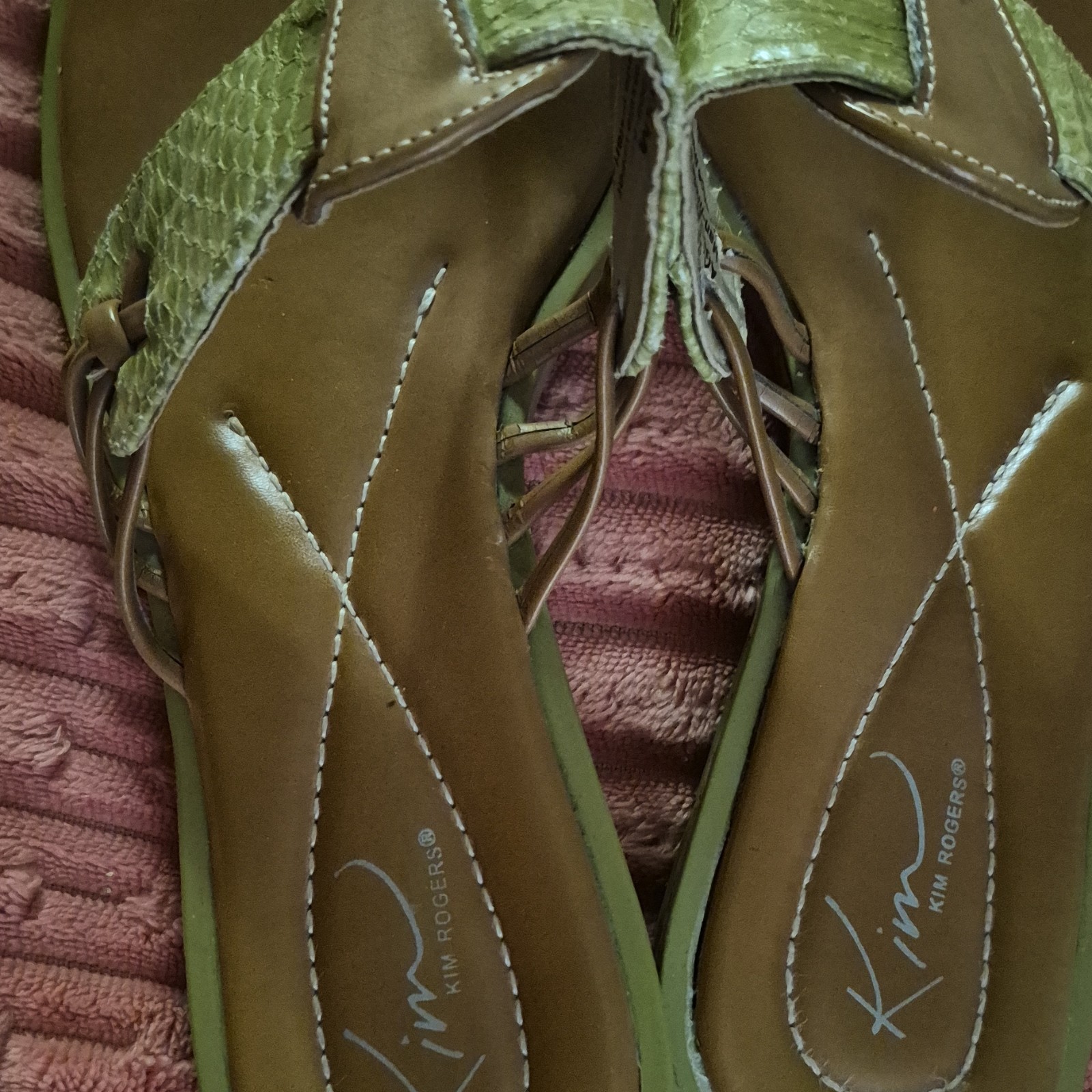 Kim Rogers Women’s Thong Slip-On Sandals Leather Brown Green Knot Size 8