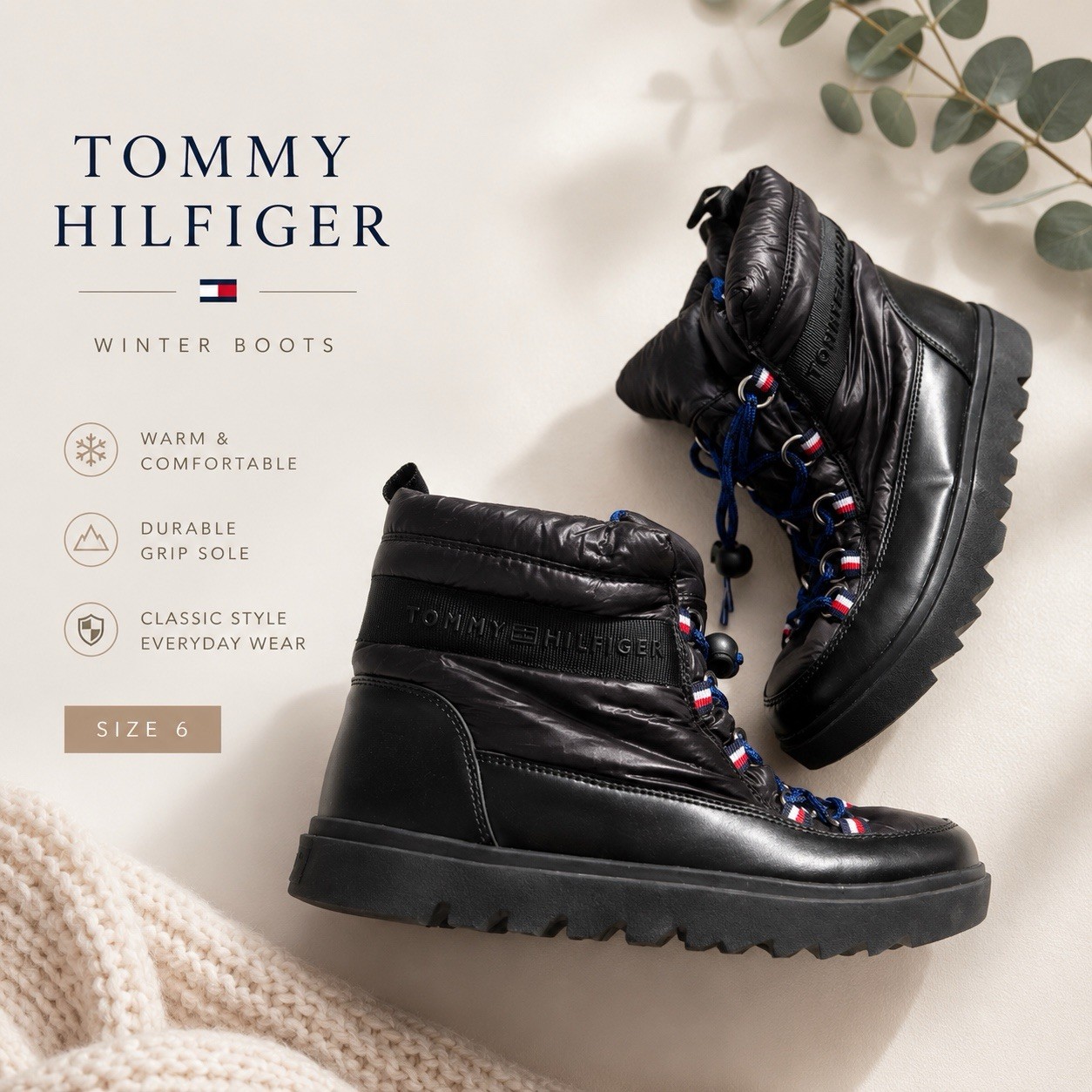 Tommy Hilfiger Women’s Winter Snow Boots Black Blue Lace Up Puffer Size 6M