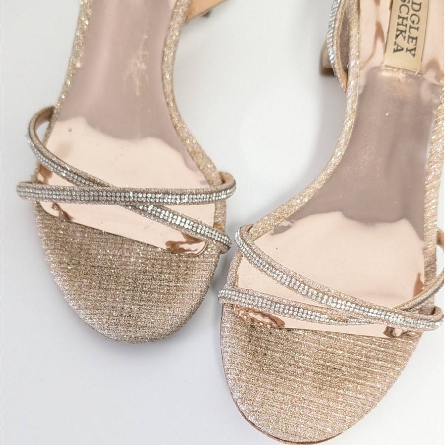 Badgley Mischka Ultima Block Heel Sandals Womens 9 Gold Glitter Ankle Strap