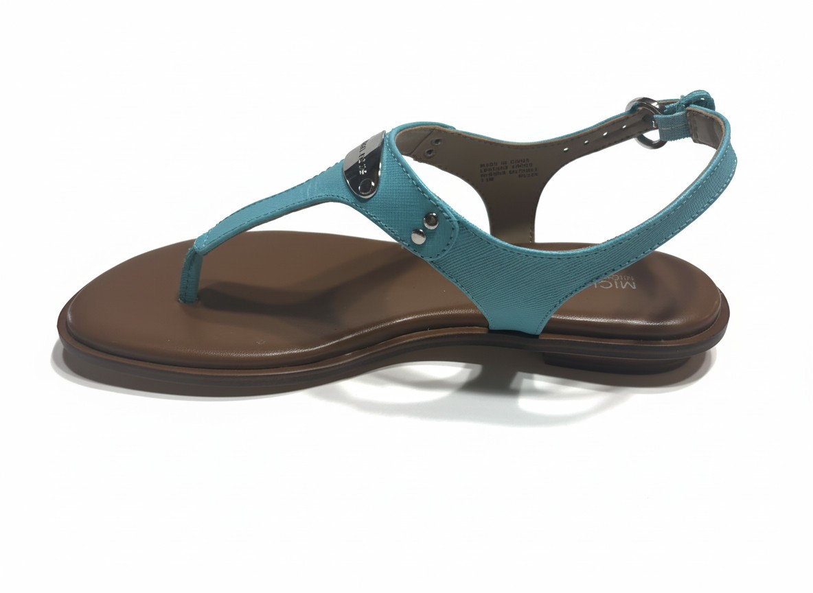 Michael Kors MK Plate Slide Sandal, Saffiano Leather, Ocean Blue