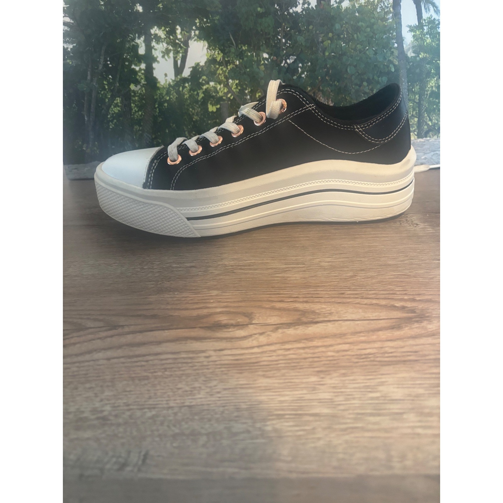 Skechers BOBS B Cute Black Platform Sneakers Rose Gold Eyelets Memory Foam