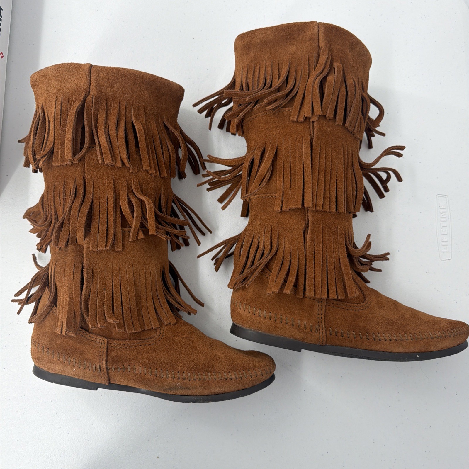 Minnetonka Moccasin 1632 Brown 3 Layer Fringe Boots Women Size 7 Western Cowgirl
