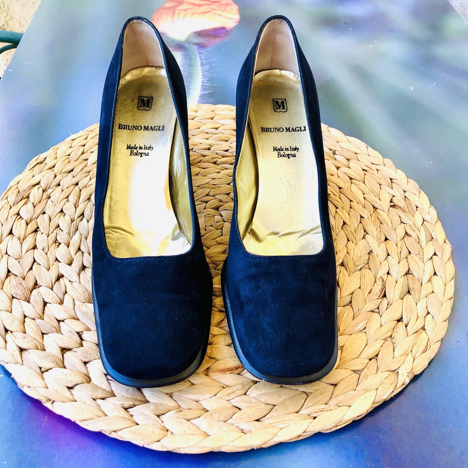 VTG Bruno Magli Pumps Heels Classic Designer Navy Suede Leather Round Toe Sz 9aa