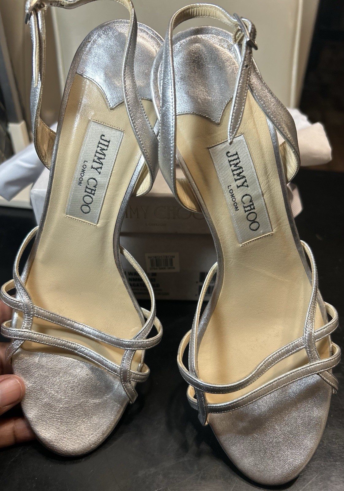 Jimmy Choo Silver Leather Strappy Open Toe Buckle Stiletto Heel Women 8.5