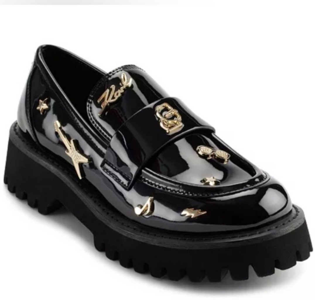 New KARL LAGERFELD PARIS Gaston Rocker Almond Toe Patent Leather Lug Loafers 8