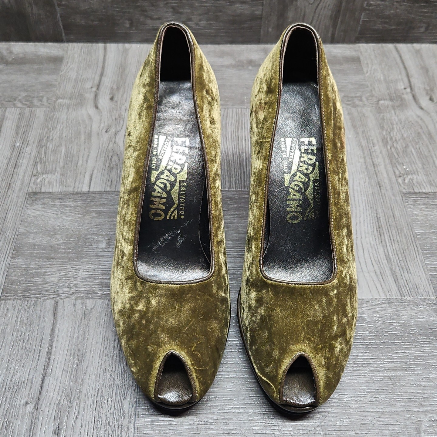 Salvatore Ferragamo Green Velvet Peep Toe Pumps 6B
