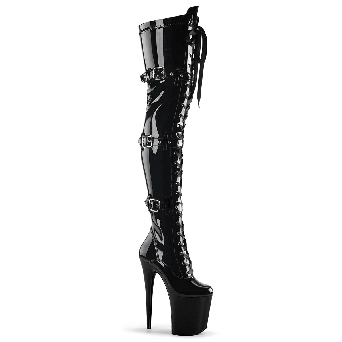 Black Latex Thigh High Buckle Straps Fetish Hooker Drag Queen Boots Pleaser
