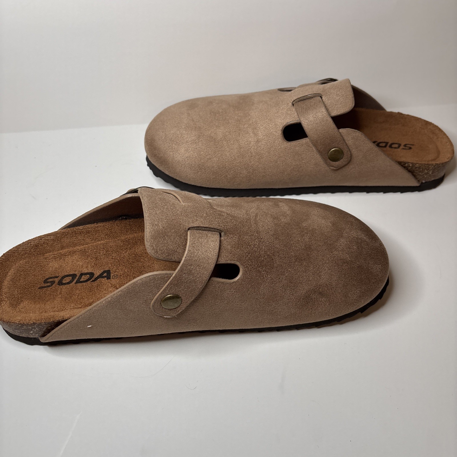 Soda Beige Faux Suede Buckle Comfort Clog Shoes Women Slip On Flat