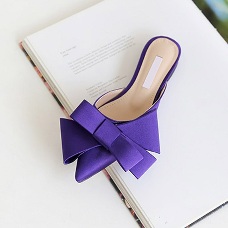 Women’s Silk Satin Pointed Bow Tie Slippers Flat Heel Sets Semi Slippers Shoes