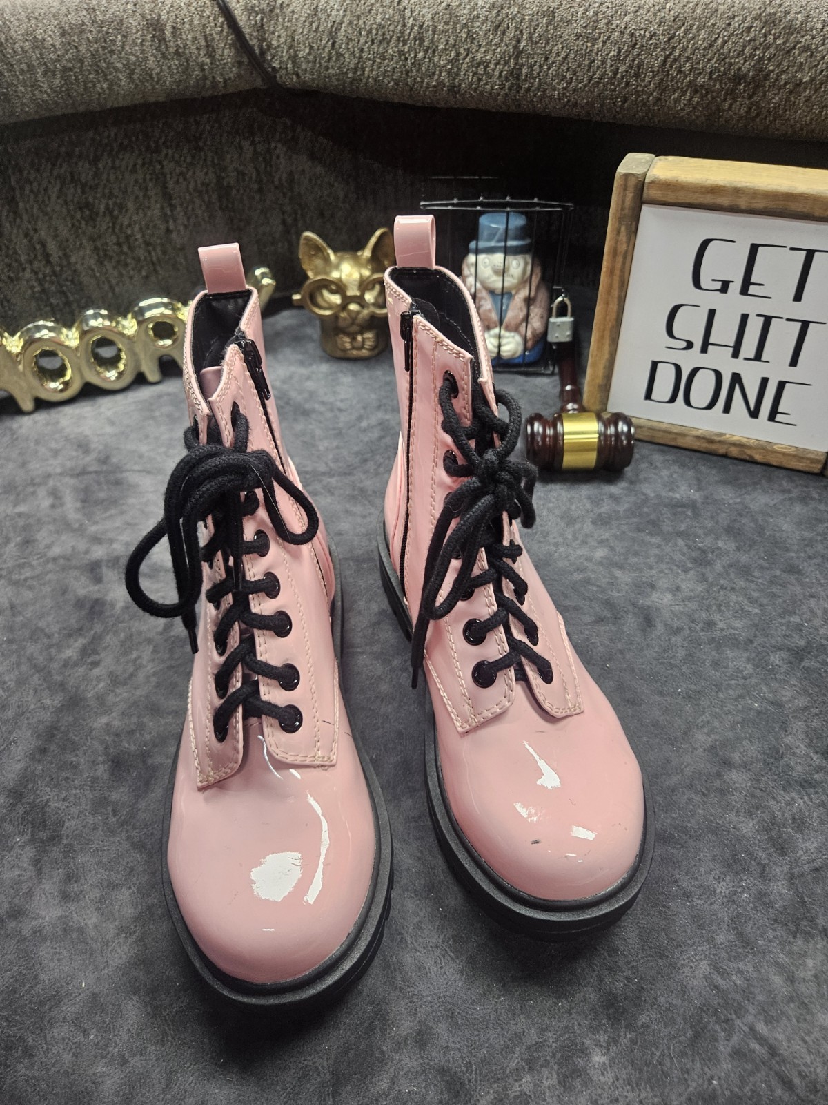 Pink Shiny Combat Boots with Black lace Size 8 1/2 SODA