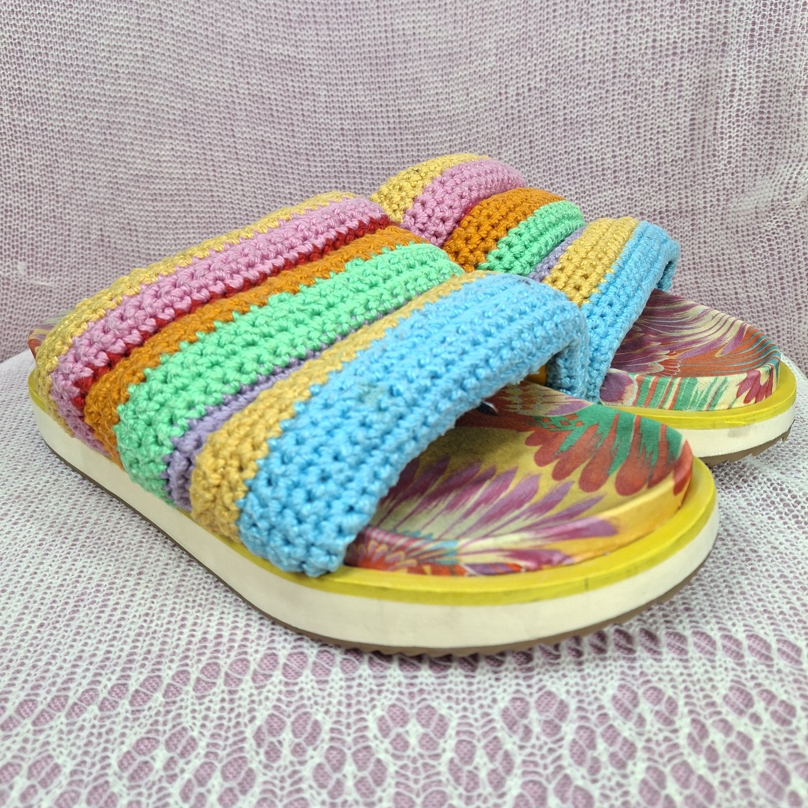 Farm Rio Crochet Slide Sandals Women’s US 7 EU 38 Multicolor Tropical Brazil