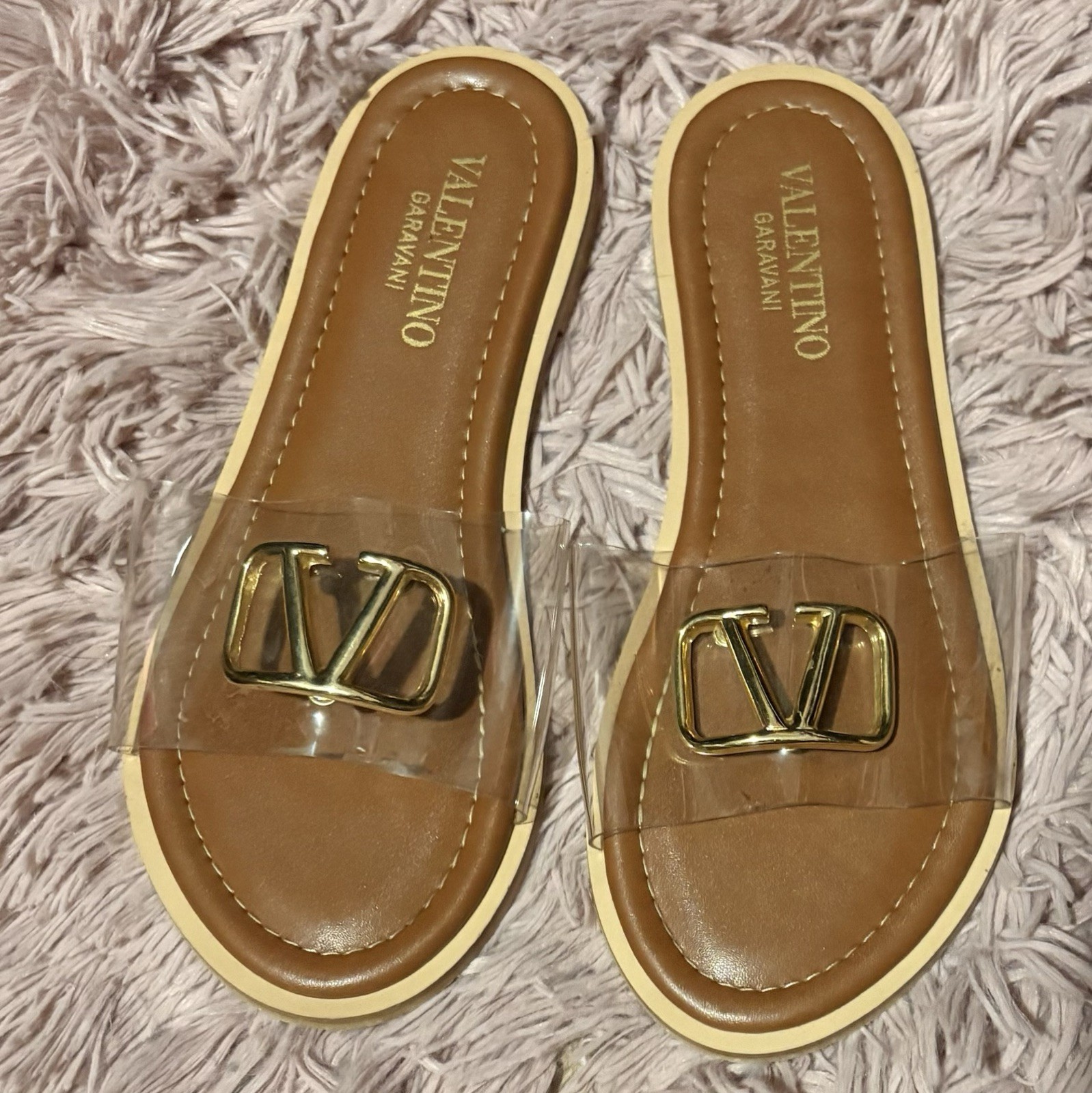 Valentino Garavani VLogo Flat Slide Sandals Brown/Clear/Gold US 6