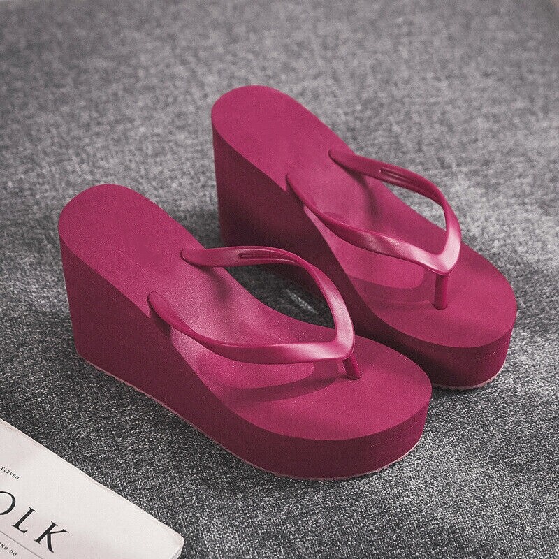 Womens Wedges Flip Flops Summer High Heels Sandals Platform Slippers Solid Shoes